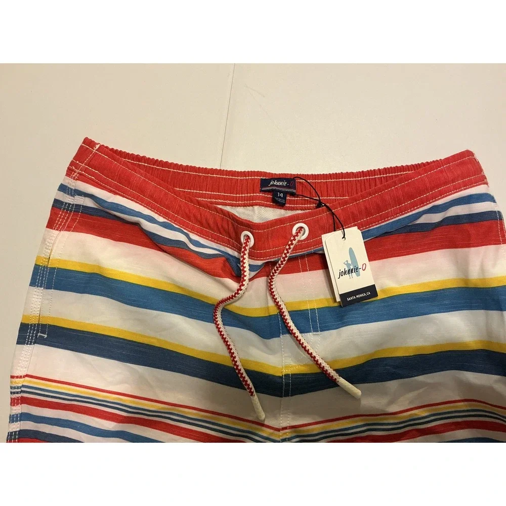 Johnnie-O Boys Striped Swim Trunks Red Blue Yellow Board Shorts Size 14‎ NWT